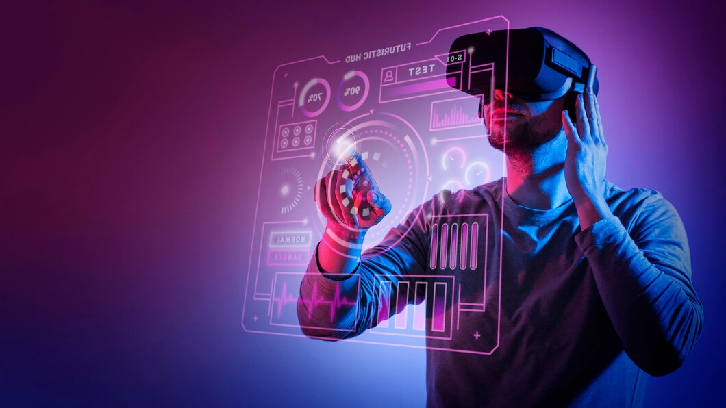 A person wearing a VR headset interacting with a futuristic interface